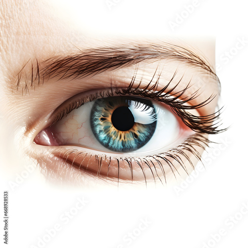 Eye of the woman. Beautiful eye with long lashes close up. Human eye macro detail isolated on white