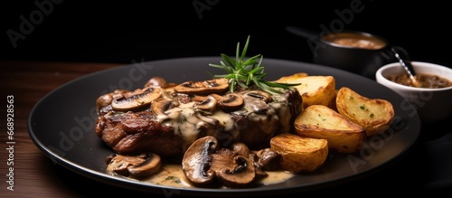 Beef steak served with mushroom sauce and potatoes