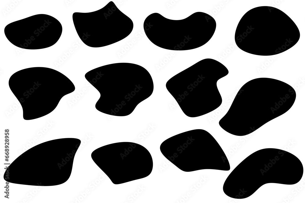 Random black blob shape set. Collection of liquid black blotch shapes.