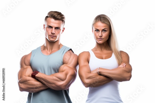 Gym couple posing while looking at the camera against a white isolated background generative ai © Gilang