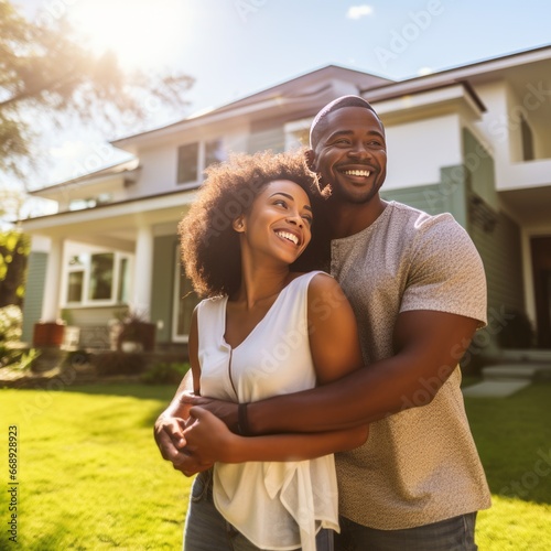 Portrait of happy couple standing with arms crossed in front of new house