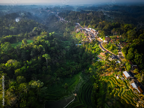Aerial view of beautiful Tegallalang Rice Terrace surrounded by tropical forest in Gianyar, Bali, Indonesia. Balinese Rural scene, paddy terrace garden in a village with morning sunlight and mist.