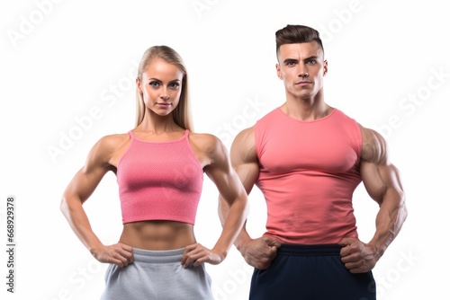 Gym couple posing while looking at the camera against a white isolated background generative ai © Gilang