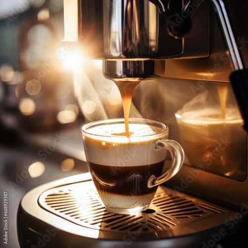 Brewing fragrant coffee with foam on the background of a morning cafe, close-up. Generative AI.