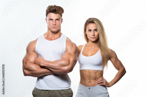 Gym couple posing while looking at the camera against a white isolated background generative ai