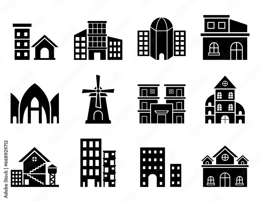 Building icon set. house, home, real estate, property, apartment, city, town, residential, buildings, real, estate, architecture, construction, icons. Black solid icon collection. Vector illustration