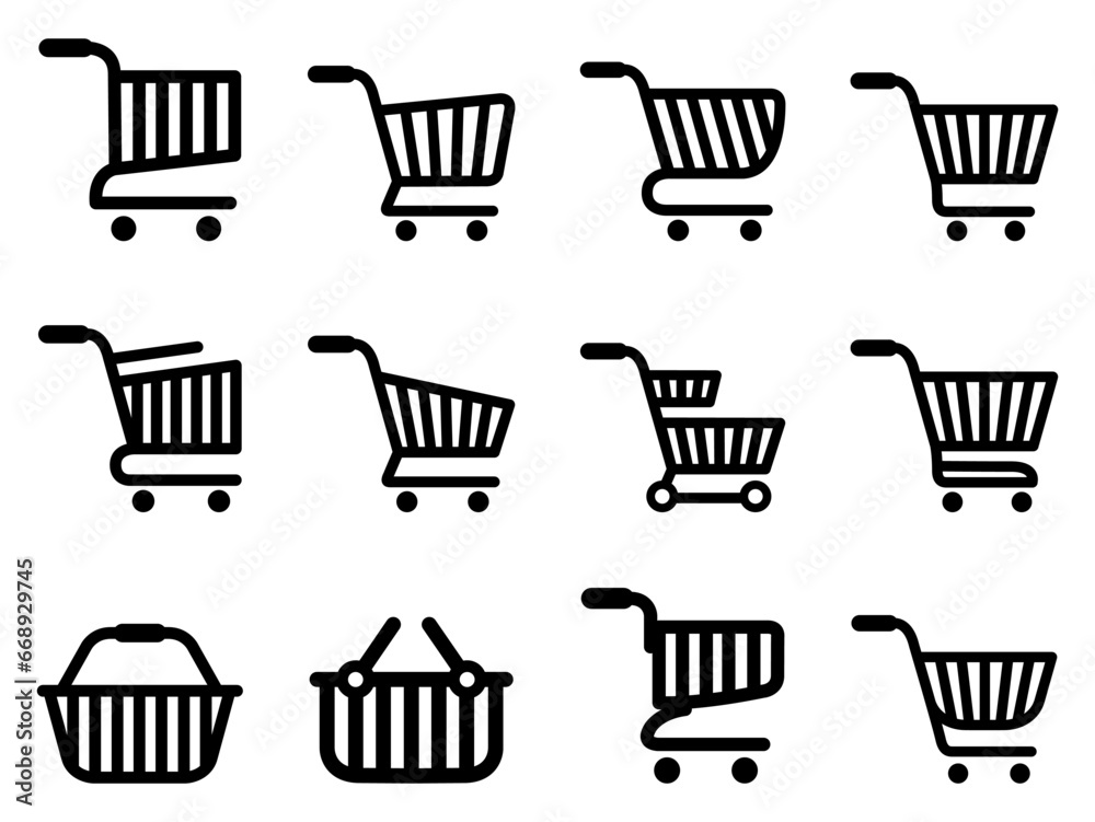 Shopping cart icon set. commerce, e-commerce, ecommerce, online shopping, basket, buy, purchase, shop, store, market, trolley, icons. Black solid icon collection. Vector illustration