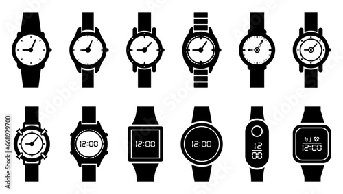 Hand watch icon set. wrist, wristwatch, time, clock, digital, smart, hours, timer, fashion, modern, device, classic, style, icons. Black solid icon collection. Vector illustration