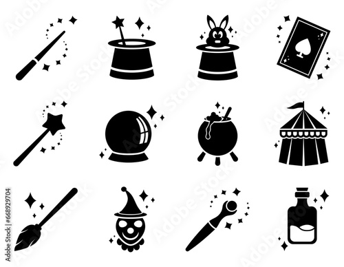Magic icon set. magician, wand, trick, hat, rabbit, potion, magical, fantasy, surprise, show, circus, joker, icons. Black solid icon collection. Vector illustration