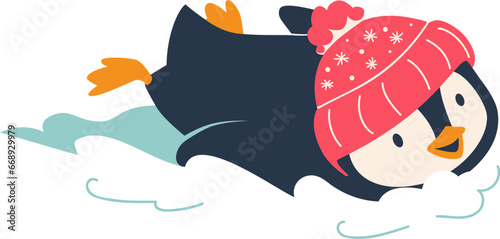 Penguin cartoon vector illustration. Leisure activities in winter