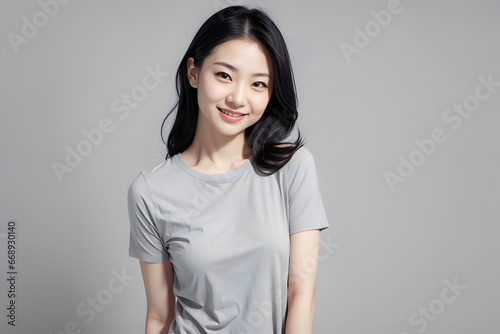casual appearance of Asian woman wearing a t-shirt on a gray background
