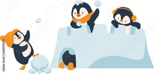 Penguin cartoon vector illustration. Leisure activities in winter
