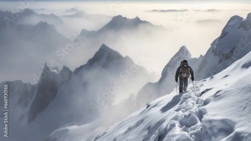  snapshot of a courageous mountaineer battling extreme snow and wind conditions at high altitudes photo