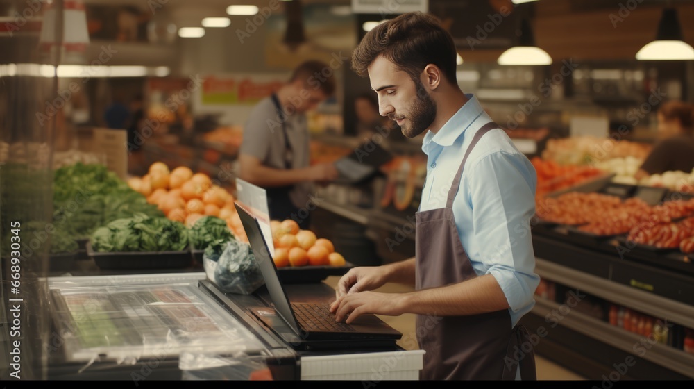Handsome young salesman in apron working with laptop in grocery store