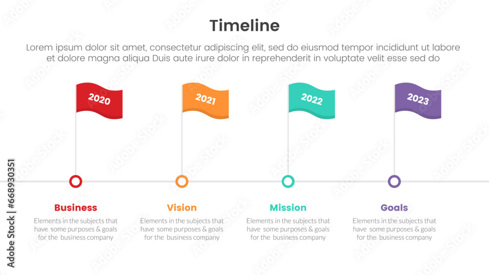 timeline set of point infographic with big flag horizontal and dot ...