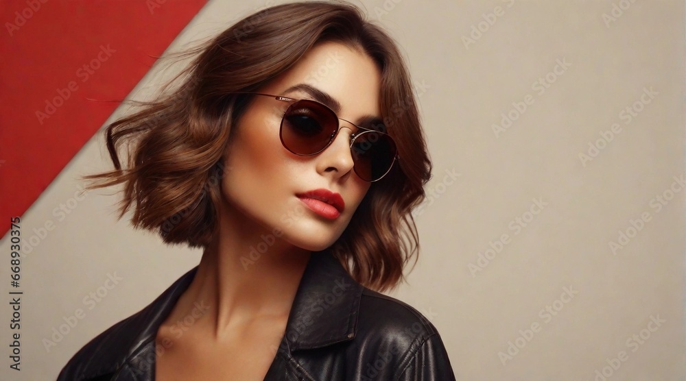 selfie of a beautiful brown hair girl wearing sunglasses against red background with space for text, background image, AI generated selfie of a beautiful brown hair girl wearing sunglasses against red background with space for text, background image, AI generated