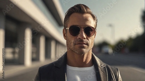 Man wearing sunglasses with space for text, background image, AI generated