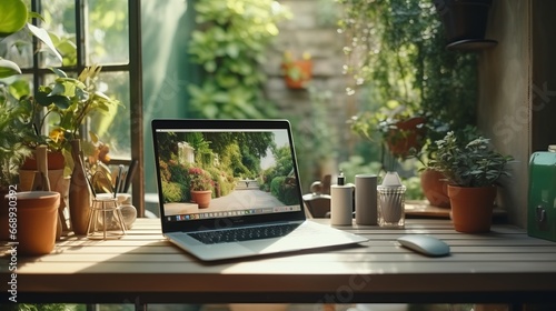 Side view of modern workplace with laptop, coffee cup and plant pots on wooden table