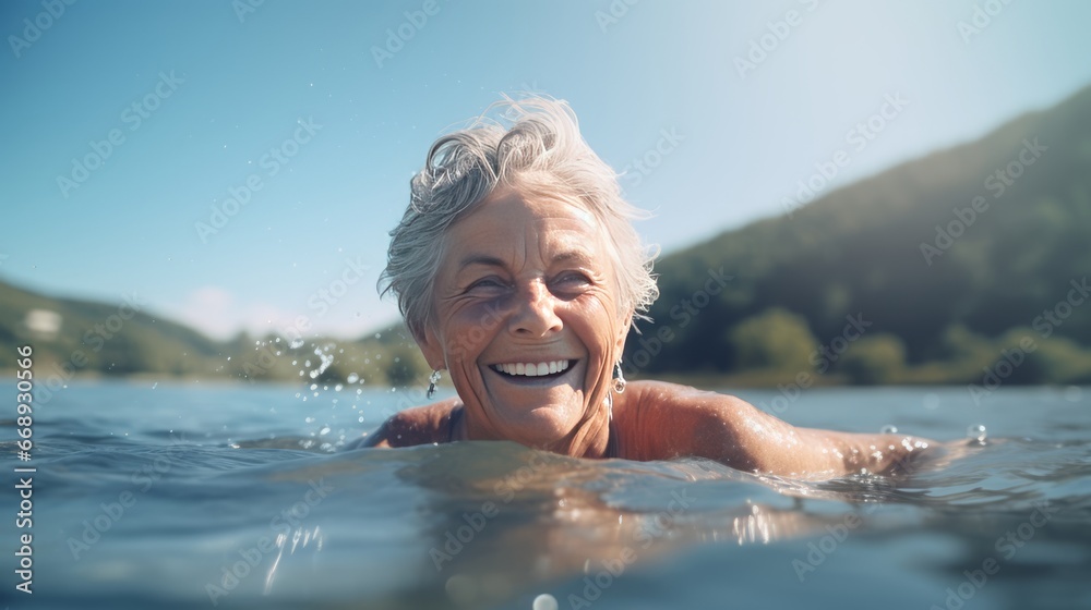 Portrait of smiling senior woman swimming in water on a sunny day