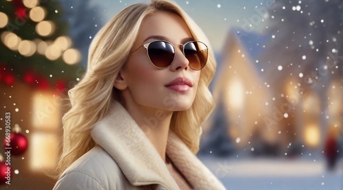 Beautiful blonde hair female wearing sunglasses against christmas ambience background with space for text, background image, AI generated