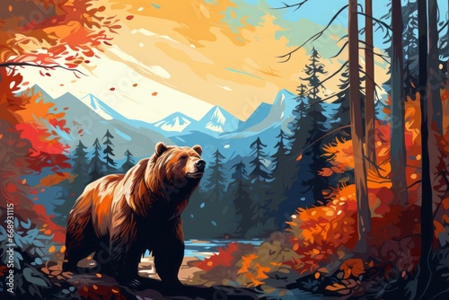 vintage-inspired wallpaper piece features a majestic bear surrounded by the beauty of a forest, painted with a harmonious palette of enchanting colors