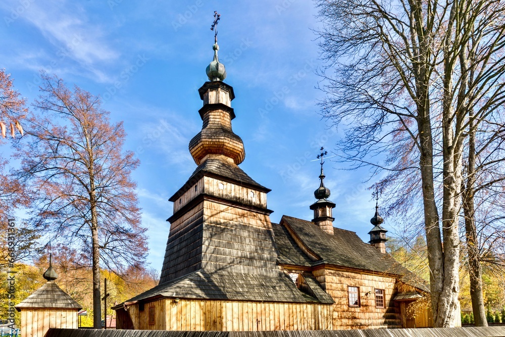 Wooden Greek Catholic Church of St. Archangel Michael (1813-1819) in Lesser Poland Voivodeship, Poland. Wooden Greek Catholic Church of St. Archangel Michael (1813-1819) in Lesser Poland Voivodeship, Poland.