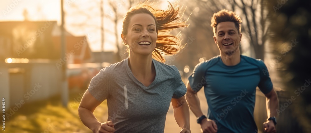 Obraz premium Young couple jogging in the city at sunset. Sport and healthy lifestyle concept.