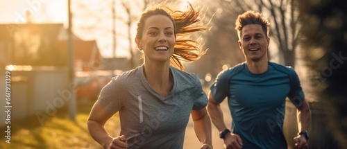 Young couple jogging in the city at sunset. Sport and healthy lifestyle concept.