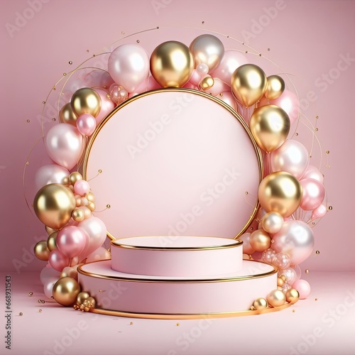 Luxury product podium mockup with gold and pink balloon AI Generative