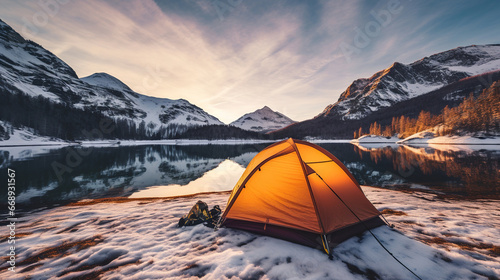 Camping tent on mountain lake in winter in the morning