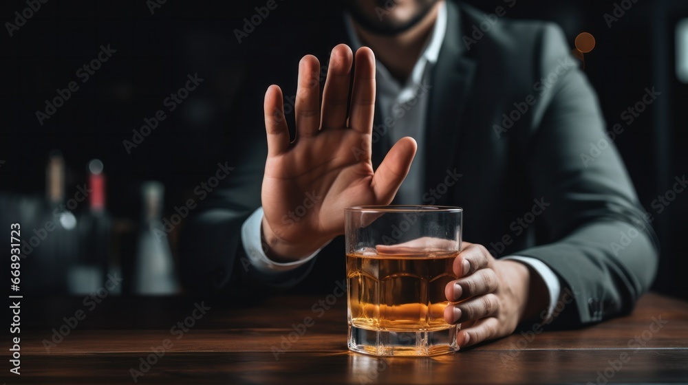 man refuses say no and avoid to drink an alcohol whiskey , stopping hand sign male, alcoholism treatment, alcohol addiction, quit booze, Stop Drinking Alcohol. Refuse Glass liquor, unhealthy, reject