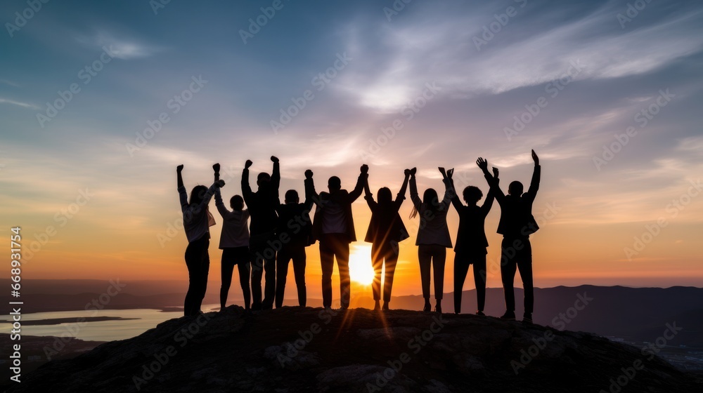 Silhouette of business team stand and feel happy on the most hight at stand on sunset, success, leader, teamwork, target, Aim, confident, achievement, goal, on plan, finish, generate by AI