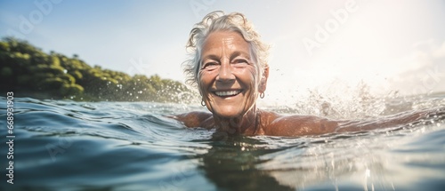 Senior woman swimming in the ocean with splashes of water on her face © GoldenART