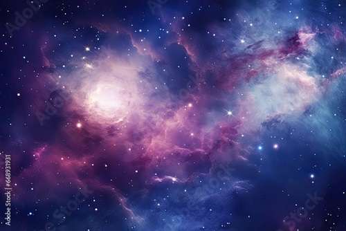 Vibrant hues of purple and pink dominate this celestial image of a star-forming nebula. Astronomy and space study.