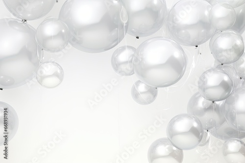 Bunch of shiny silver balloons with strings. Event decorations.