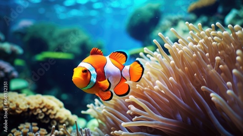 Vibrant clownfish navigating through coral formations. Marine life and underwater exploration. © Postproduction