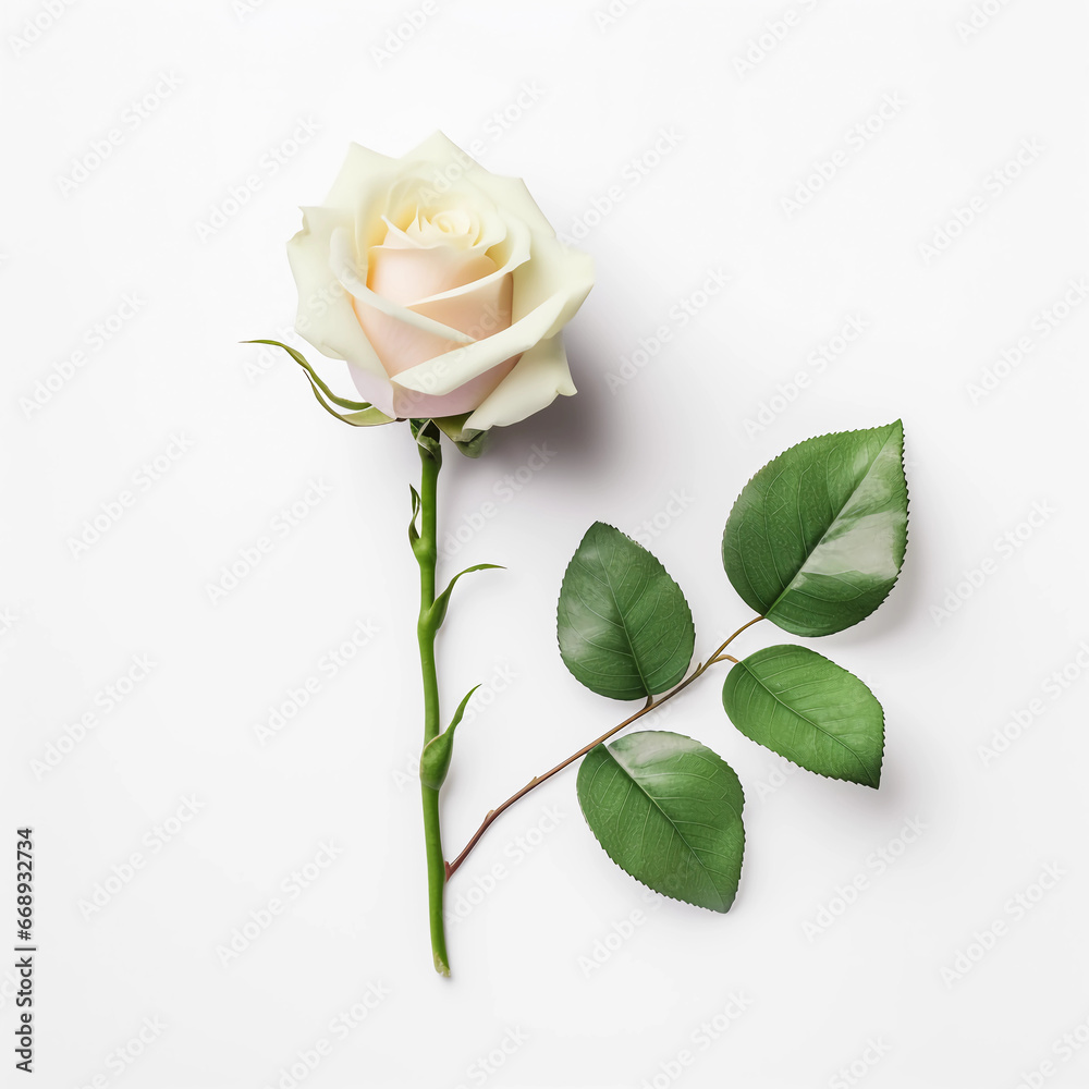 Obraz premium Beautiful white rose flower on white background, Valentine's day, Meaning of love. Generative AI.
