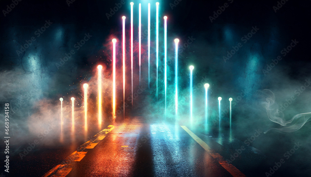 3d rendering old wet asphalt neon lights street with smoke on black background