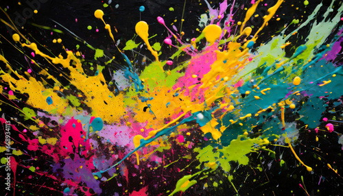 colorful paint splashes over black background abstract graffiti backdrop artistic design element