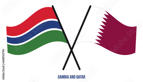 Gambia and Qatar Flags Crossed And Waving Flat Style. Official Proportion. Correct Colors.
