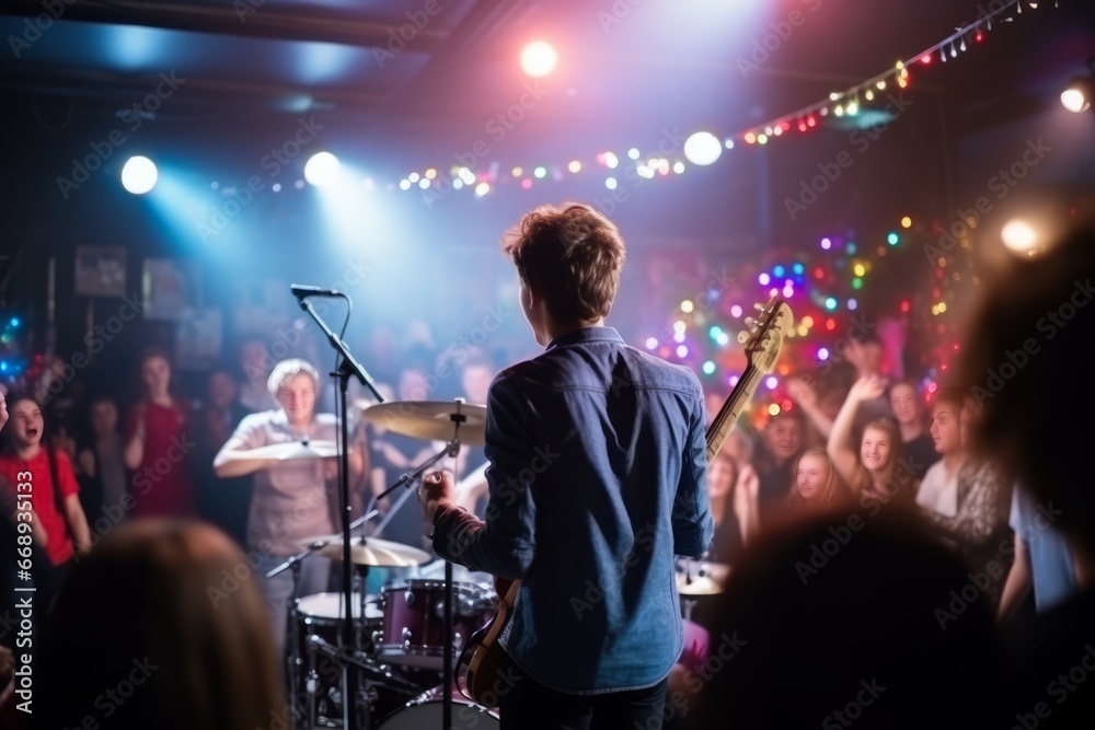 Obraz premium An 18th birthday for a boy: The garage turned into a concert venue as the young man celebrated with friends, parents, and grandparents, showcasing his musical talent.