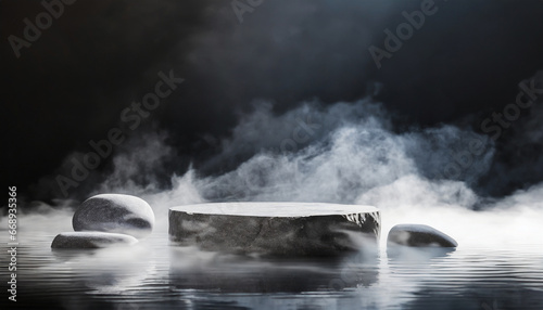 abstract minimal concept dark background with natural granite stones podium on water and smoke surrounding mock up template for product presentation 3d rendering copy text space © Emanuel