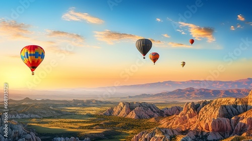 Colorful hot air balloons flying over the mountains at sunset