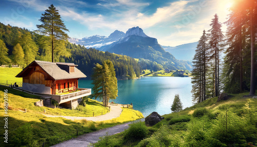beautiful swiss landscape with house lake mountains and pine trees ai generative