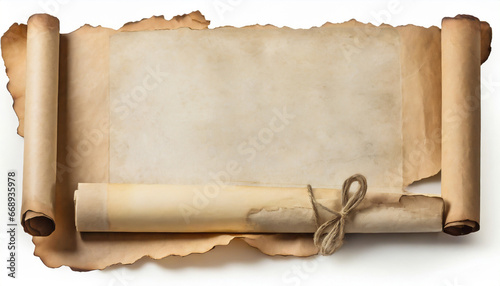 old worn paper sheet and scroll isolated on white