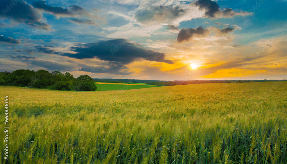 meadow sunset panorama view serene nature landscape colorful sky wide countryside rye wheat field in the summer on cloudy sky background world environment day concept green energy carbon credit