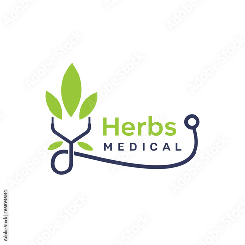 medical herbal logo with stethoscope concept and green leaves on white background