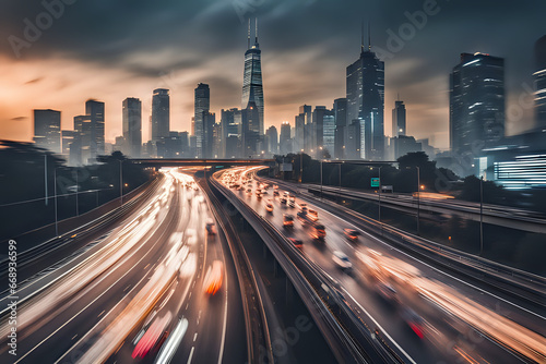 The motion blur of a busy urban highway during the evening rush hour. The night city traffic in cinematic vibes