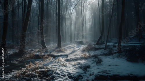 Winter forest covered in a soft  white snow blanket. Sunlight shines brightly on the snowy ground  creating a contrast and adding warmth to the cold scene.