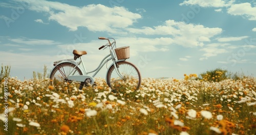 A bicycle sitting in a field, in the style of light white and yellow, cute and dreamy. © hisilly